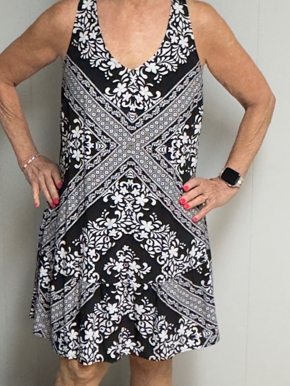LOFT sleeveless V-neck mini dress with a black and white floral bandana print.